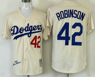 Men's Los Angeles Dodgers #42 Jackie Robinson Cream 1955 Player Name Throwback Jersey