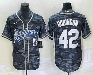 Men's Los Angeles Dodgers #42 Jackie Robinson Grey Camo Cool Base With Patch Stitched Baseball Jersey 01