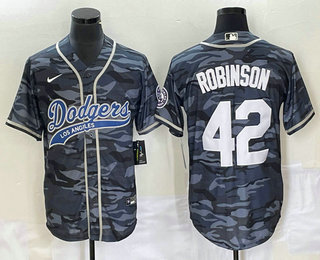 Men's Los Angeles Dodgers #42 Jackie Robinson Grey Camo Cool Base With Patch Stitched Baseball Jersey 02