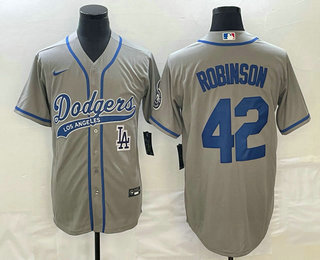 Men's Los Angeles Dodgers #42 Jackie Robinson Grey With Patch Cool Base Stitched Baseball Jersey 02