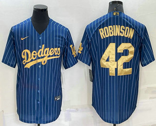 Men's Los Angeles Dodgers #42 Jackie Robinson Navy Blue Gold Pinstripe Stitched MLB Cool Base Nike Jersey