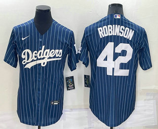 Men's Los Angeles Dodgers #42 Jackie Robinson Navy Blue Pinstripe Stitched MLB Cool Base Nike Jersey