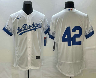 Men's Los Angeles Dodgers #42 Jackie Robinson No Name White 2022 City Connect Flex Base Stitched Jersey