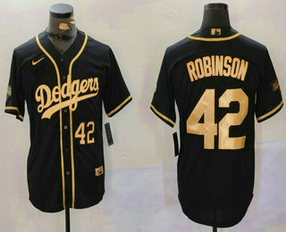 Men's Los Angeles Dodgers #42 Jackie Robinson Number Black Gold World Series Champions Cool Base Stitched Jersey