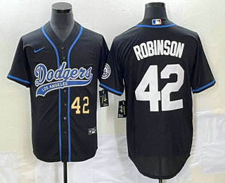 Men's Los Angeles Dodgers #42 Jackie Robinson Number Black With Patch Cool Base Stitched Baseball Jersey 01