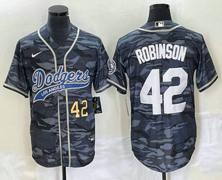 Men's Los Angeles Dodgers #42 Jackie Robinson Number Grey Camo Cool Base With Patch Stitched Baseball Jersey 01