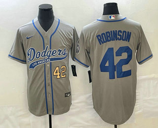 Men's Los Angeles Dodgers #42 Jackie Robinson Number Grey With Patch Cool Base Stitched Baseball Jersey 01