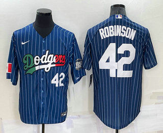 Men's Los Angeles Dodgers #42 Jackie Robinson Number Navy Blue Pinstripe 2020 World Series Cool Base Nike Jersey 01