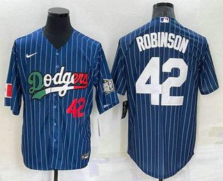 Men's Los Angeles Dodgers #42 Jackie Robinson Number Navy Blue Pinstripe 2020 World Series Cool Base Nike Jersey