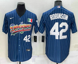 Men's Los Angeles Dodgers #42 Jackie Robinson Number Rainbow Blue Red Pinstripe Mexico Cool Base Nike Jersey 01