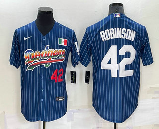 Men's Los Angeles Dodgers #42 Jackie Robinson Number Rainbow Blue Red Pinstripe Mexico Cool Base Nike Jersey