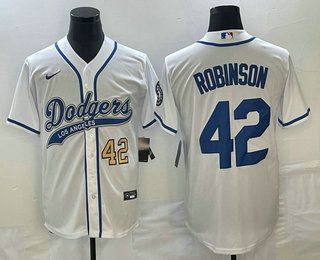 Men's Los Angeles Dodgers #42 Jackie Robinson Number White With Patch Cool Base Stitched Baseball Jersey 01