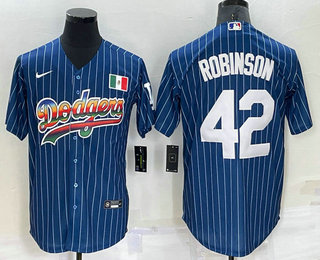 Men's Los Angeles Dodgers #42 Jackie Robinson Rainbow Blue Red Pinstripe Mexico Cool Base Nike Jersey