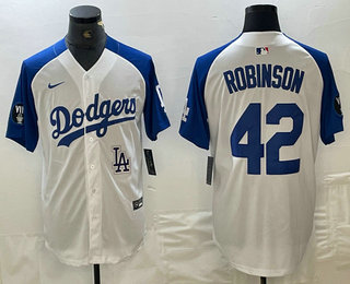 Men's Los Angeles Dodgers #42 Jackie Robinson White Blue Fashion Stitched Cool Base Limited Jersey 12