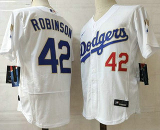 Men's Los Angeles Dodgers #42 Jackie Robinson White Gold Champions Patch Stitched MLB Flex Base Nike Jersey