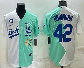 Men's Los Angeles Dodgers #42 Jackie Robinson White Green Number 2022 Celebrity Softball Game Cool Base Jersey 01