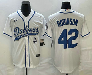 Men's Los Angeles Dodgers #42 Jackie Robinson White With Patch Cool Base Stitched Baseball Jersey 01