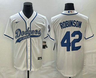 Men's Los Angeles Dodgers #42 Jackie Robinson White With Patch Cool Base Stitched Baseball Jersey 02