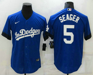 Men's Los Angeles Dodgers #5 Corey Seager Blue 2021 City Connect Cool Base Stitched Jersey