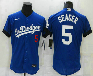 Men's Los Angeles Dodgers #5 Corey Seager Blue 2021 City Connect Flex Base Stitched Jersey