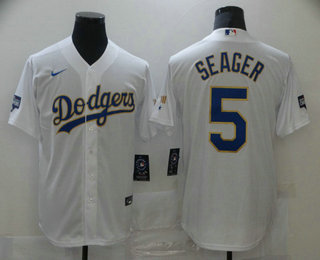 Men's Los Angeles Dodgers #5 Corey Seager White Gold Championship Stitched MLB Cool Base Nike Jersey