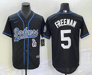 Men's Los Angeles Dodgers #5 Freddie Freeman Black Cool Base Stitched Baseball Jersey 02