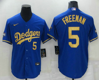 Men's Los Angeles Dodgers #5 Freddie Freeman Blue Gold Stitched MLB Cool Base Nike Fashion Jersey