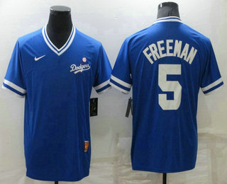 Men's Los Angeles Dodgers #5 Freddie Freeman Blue Nike Cooperstown Collection Legend V Neck Jersey