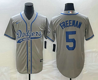 Men's Los Angeles Dodgers #5 Freddie Freeman Grey Cool Base Stitched Baseball Jersey 01