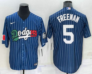 Men's Los Angeles Dodgers #5 Freddie Freeman Navy Blue Pinstripe 2020 World Series Cool Base Nike Jersey