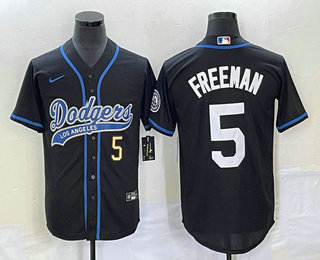 Men's Los Angeles Dodgers #5 Freddie Freeman Number Black Cool Base Stitched Baseball Jersey 03