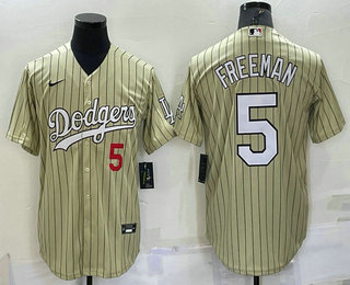 Men's Los Angeles Dodgers #5 Freddie Freeman Number Cream Pinstripe Stitched MLB Cool Base Nike Jersey