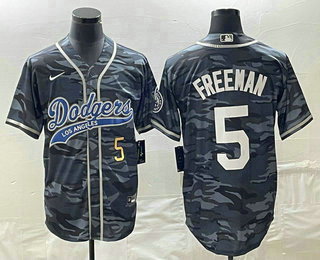 Men's Los Angeles Dodgers #5 Freddie Freeman Number Gray Camo Cool Base With Patch Stitched Baseball Jersey 01