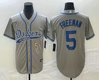 Men's Los Angeles Dodgers #5 Freddie Freeman Number Grey Cool Base Stitched Baseball Jersey 03