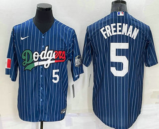 Men's Los Angeles Dodgers #5 Freddie Freeman Number Navy Blue Pinstripe 2020 World Series Cool Base Nike Jersey 01