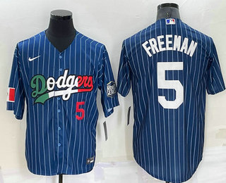 Men's Los Angeles Dodgers #5 Freddie Freeman Number Navy Blue Pinstripe 2020 World Series Cool Base Nike Jersey