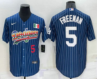 Men's Los Angeles Dodgers #5 Freddie Freeman Number Rainbow Blue Red Pinstripe Mexico Cool Base Nike Jersey 01