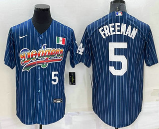 Men's Los Angeles Dodgers #5 Freddie Freeman Number Rainbow Blue Red Pinstripe Mexico Cool Base Nike Jersey