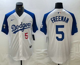 Men's Los Angeles Dodgers #5 Freddie Freeman Number White Blue Fashion Stitched Cool Base Limited Jersey 11