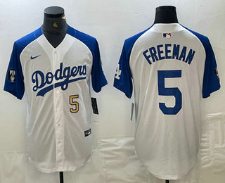 Men's Los Angeles Dodgers #5 Freddie Freeman Number White Blue Fashion Stitched Cool Base Limited Jersey 12