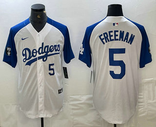 Men's Los Angeles Dodgers #5 Freddie Freeman Number White Blue Fashion Stitched Cool Base Limited Jersey 13