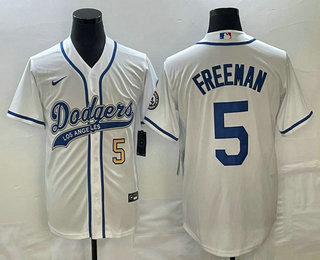 Men's Los Angeles Dodgers #5 Freddie Freeman Number White Cool Base Stitched Baseball Jersey 01