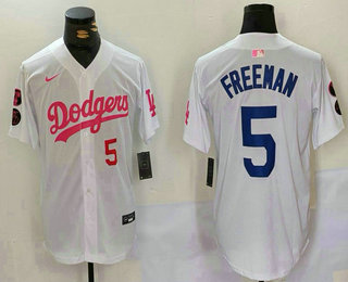 Men's Los Angeles Dodgers #5 Freddie Freeman Number White Pink With Patch Limited Stitched Jersey