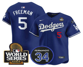 Men's Los Angeles Dodgers #5 Freddie Freeman Royal 2024 World Series With Fernando 34 Patch Limited Stitched Jersey