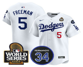 Men's Los Angeles Dodgers #5 Freddie Freeman White 2024 World Series With Fernando 34 Patch Limited Stitched Jersey