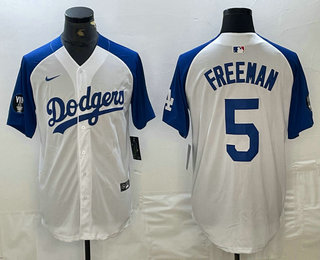 Men's Los Angeles Dodgers #5 Freddie Freeman White Blue Fashion Stitched Cool Base Limited Jersey 11