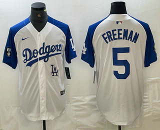 Men's Los Angeles Dodgers #5 Freddie Freeman White Blue Fashion Stitched Cool Base Limited Jersey 12