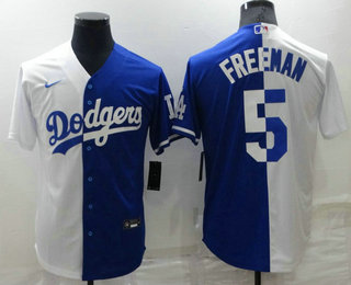 Men's Los Angeles Dodgers #5 Freddie Freeman White Blue Split Cool Base Stitched Baseball Jersey