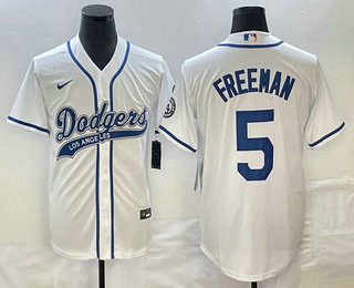 Men's Los Angeles Dodgers #5 Freddie Freeman White Cool Base Stitched Baseball Jersey 01