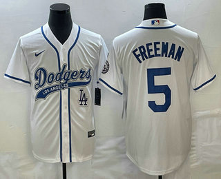 Men's Los Angeles Dodgers #5 Freddie Freeman White Cool Base Stitched Baseball Jersey 02